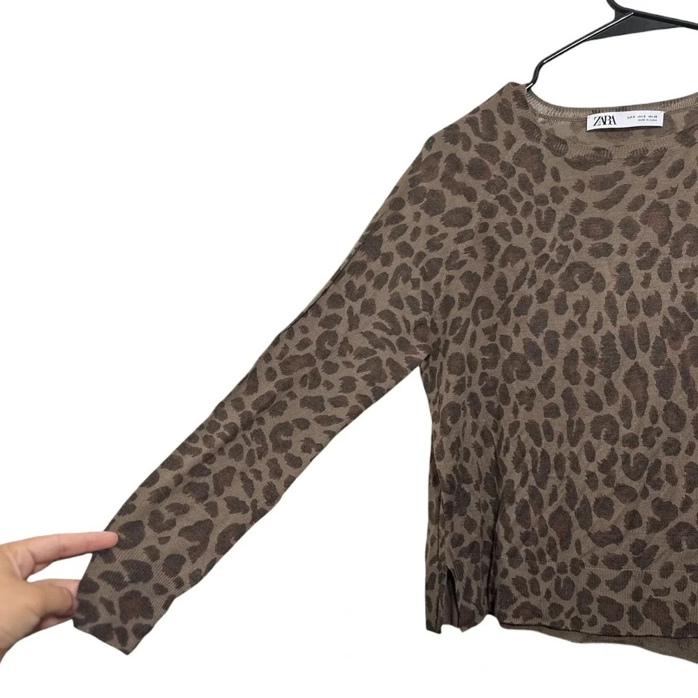 Zara Leopard Print Brown Crew Neck Light Weight Fine Knit Top Women's Size Small - Picture 3 of 6